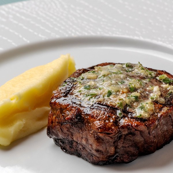 Pan Seared Filet Mignon with Garlic & Herb Compound Butter and Robuchon